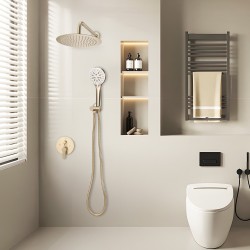 Sadesuihkusetti seinäasennus 10-tuumainen pyöreä suihkupää käsisuihku 1,5 m letku messinkiventtiili harjattu kulta