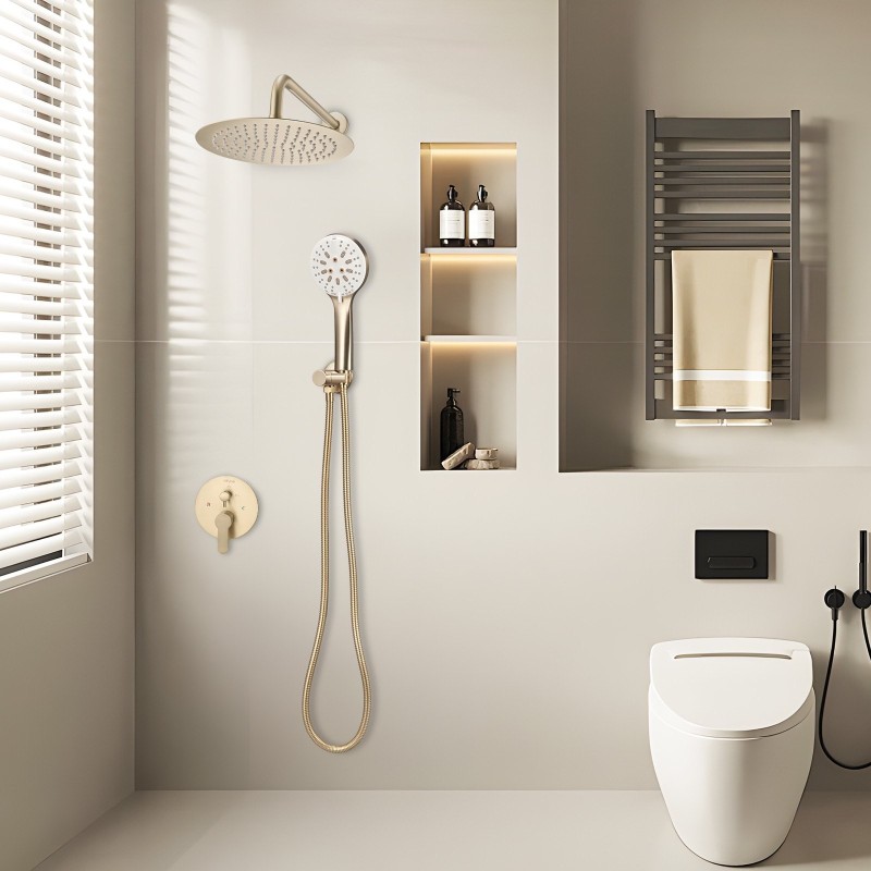 Sadesuihkusetti seinäasennus 10-tuumainen pyöreä suihkupää käsisuihku 1,5 m letku messinkiventtiili harjattu kulta