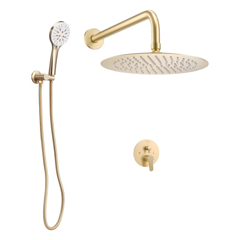 Sadesuihkusetti seinäasennus 10-tuumainen pyöreä suihkupää käsisuihku 1,5 m letku messinkiventtiili harjattu kulta