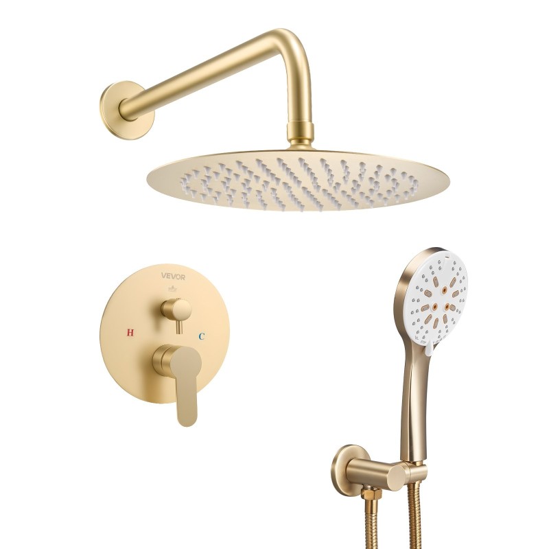 Sadesuihkusetti seinäasennus 10-tuumainen pyöreä suihkupää käsisuihku 1,5 m letku messinkiventtiili harjattu kulta