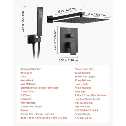 Seinään asennettava metallinen suihkusarja 305 mm neliösuihku ja käsisuihku musta mattapinta