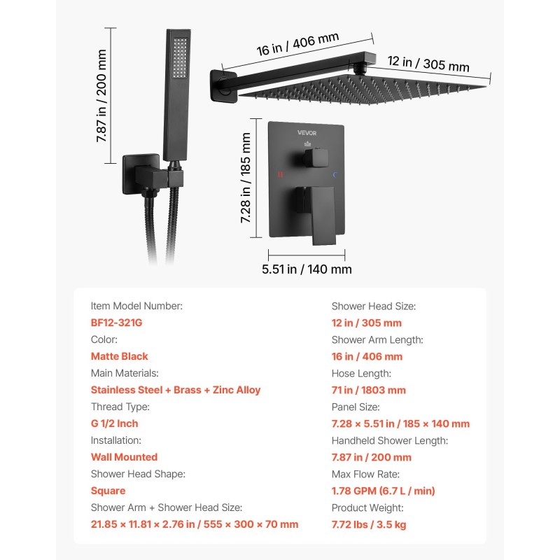 Seinään asennettava metallinen suihkusarja 305 mm neliösuihku ja käsisuihku musta mattapinta