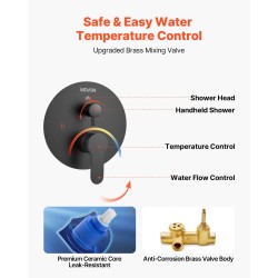 Seinäasennettava mattamusta suihkusarja 12 tuuman pyöreä yläsuihku käsisuihku 1,8 m letkulla messinkiventtiilillä