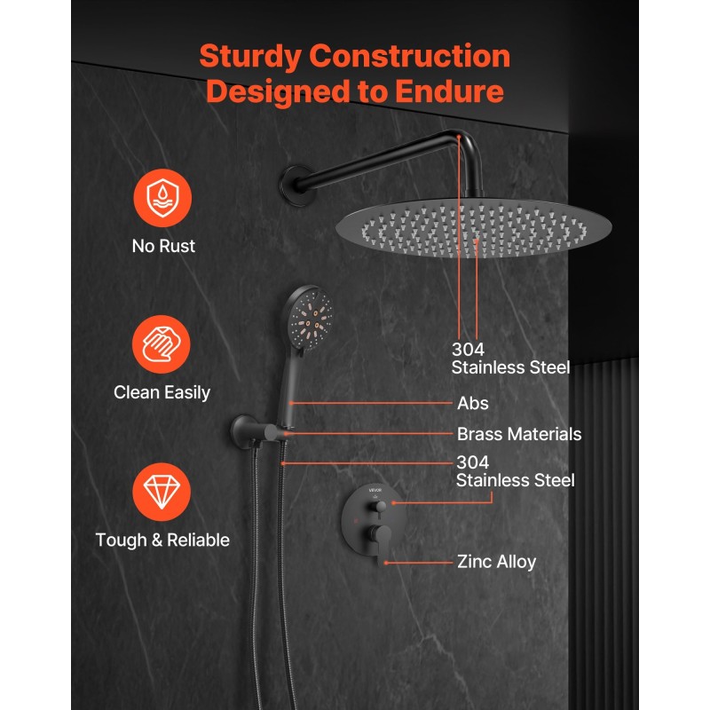 Seinäasennettava mattamusta suihkusarja 12 tuuman pyöreä yläsuihku käsisuihku 1,8 m letkulla messinkiventtiilillä