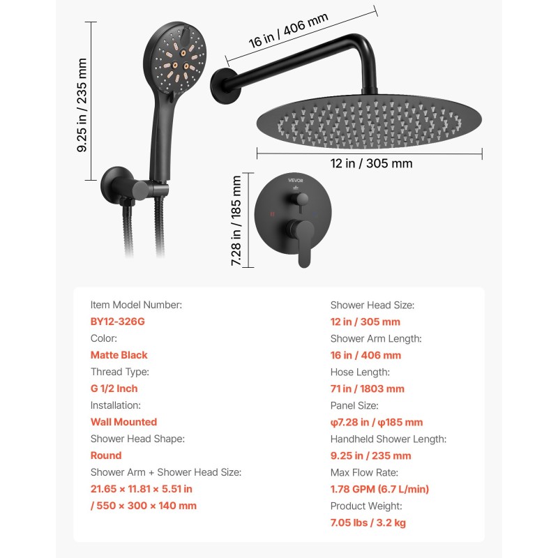 Seinäasennettava mattamusta suihkusarja 12 tuuman pyöreä yläsuihku käsisuihku 1,8 m letkulla messinkiventtiilillä