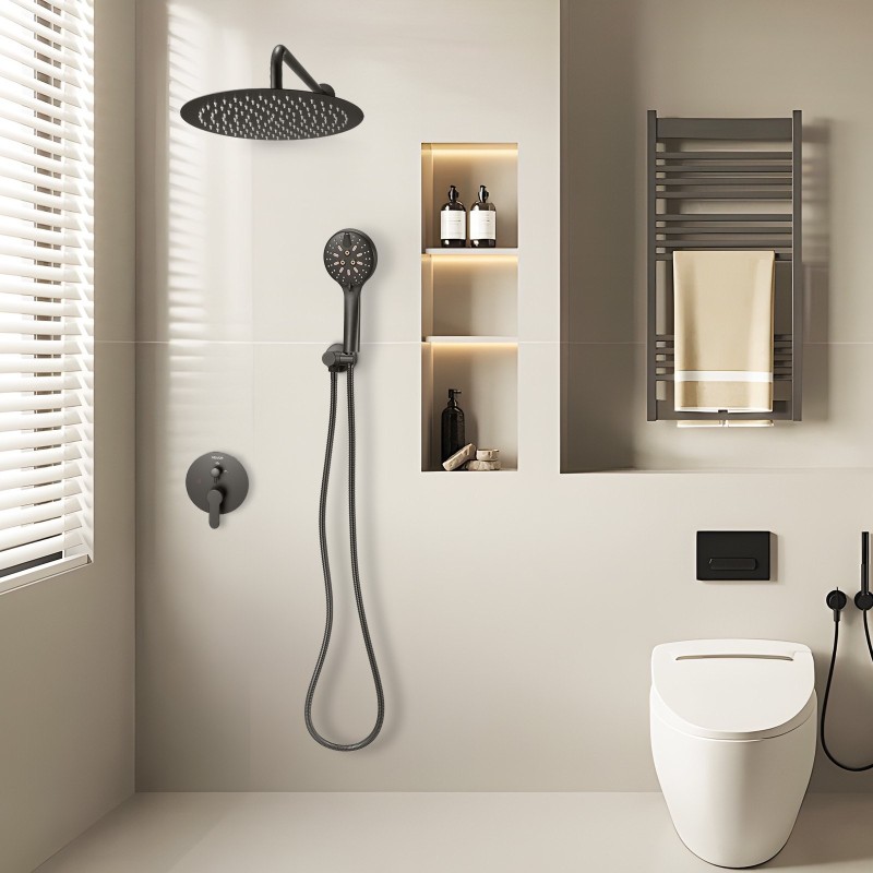 Seinäasennettava mattamusta suihkusarja 12 tuuman pyöreä yläsuihku käsisuihku 1,8 m letkulla messinkiventtiilillä