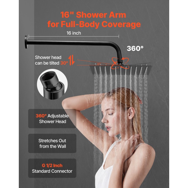 Seinään asennettava mattamusta metallinen sadesuihkusetti 10 tuuman neliönmuotoisella suihkupäällä ja käsisuihkulla