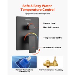 Seinään asennettava mattamusta metallinen sadesuihkusetti 10 tuuman neliönmuotoisella suihkupäällä ja käsisuihkulla