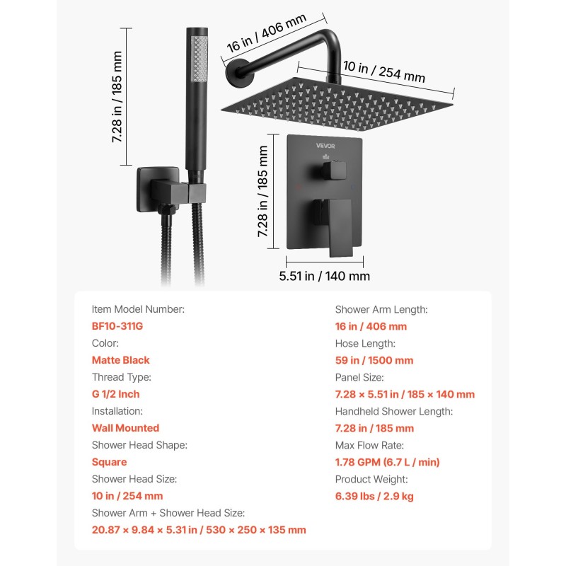 Seinään asennettava mattamusta metallinen sadesuihkusetti 10 tuuman neliönmuotoisella suihkupäällä ja käsisuihkulla
