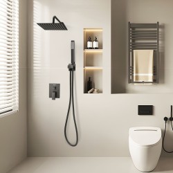 Seinään asennettava mattamusta metallinen sadesuihkusetti 10 tuuman neliönmuotoisella suihkupäällä ja käsisuihkulla