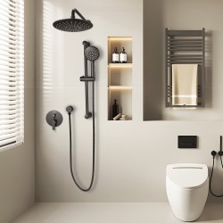 Suihkusetti seinäasennettava mattamusta 23 cm pyöreällä kattosuihkulla ja käsisuihkulla messinkiventtiilillä