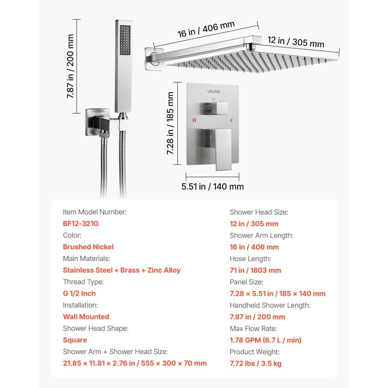 Seinään asennettava sadesuihkusetti harjattu nikkeli 12 tuuman neliön muotoinen yläsuihku ja käsisuihku