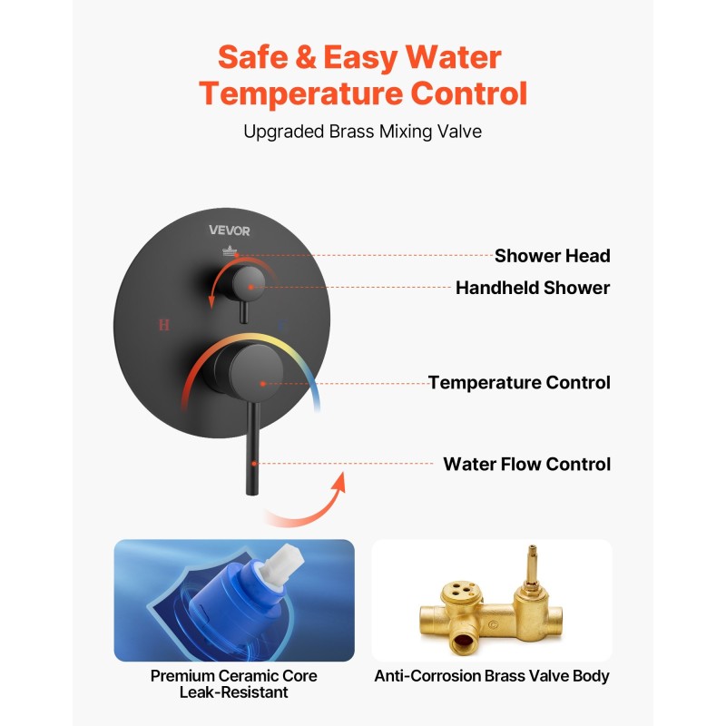 Seinään asennettava mattamusta sadesuihkusetti 10-tuumainen pyöreä suihkupää messinkiventtiilillä käsisuihkulla