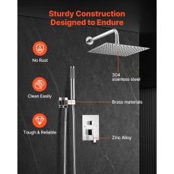 Seinäasennettava kromattu suihkujärjestelmä messinkiventtiilillä kymmenentuumainen neliömäinen yläsuihku käsisuihku