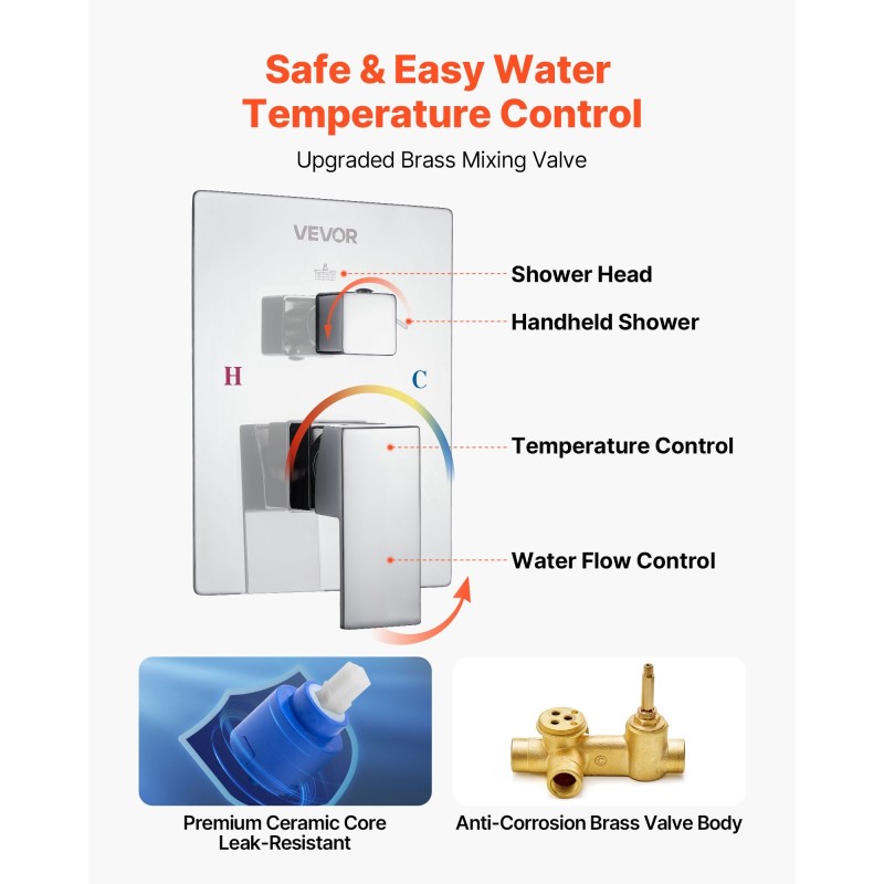 Seinään asennettava kromattu sadesuihkusetti 12 tuuman neliösuihkupäällä käsisuihkulla messinkiventtiilillä