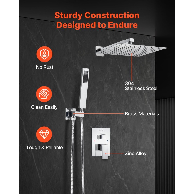 Seinään asennettava kromattu sadesuihkusetti 12 tuuman neliösuihkupäällä käsisuihkulla messinkiventtiilillä