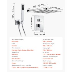 Seinään asennettava kromattu sadesuihkusetti 12 tuuman neliösuihkupäällä käsisuihkulla messinkiventtiilillä