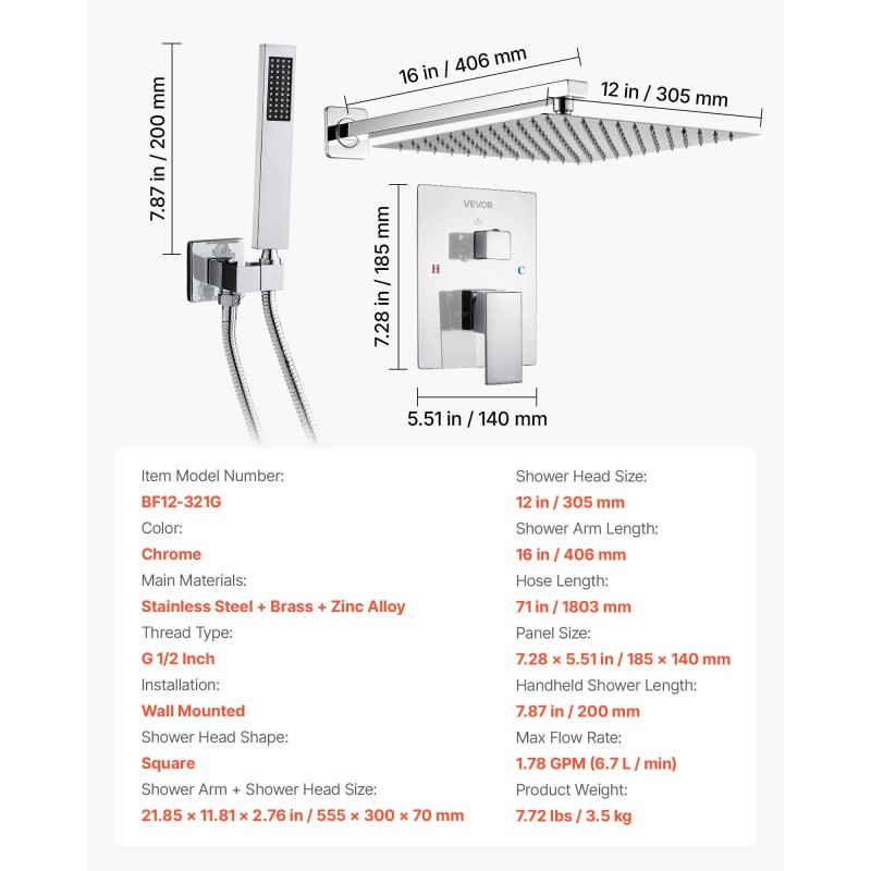 Seinään asennettava kromattu sadesuihkusetti 12 tuuman neliösuihkupäällä käsisuihkulla messinkiventtiilillä