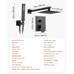 Seinäasennettava sadesuihkusetti kahdeksan tuuman neliönmuotoinen sadesuihkupää käsisuihku messinkiventtiili mattamusta