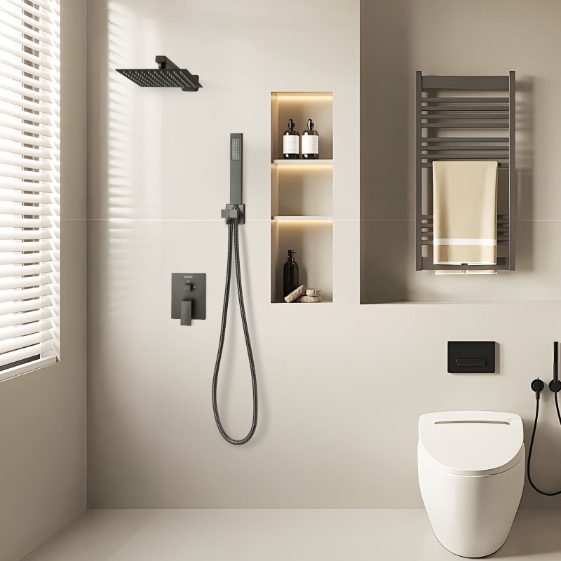 Seinäasennettava sadesuihkusetti kahdeksan tuuman neliönmuotoinen sadesuihkupää käsisuihku messinkiventtiili mattamusta