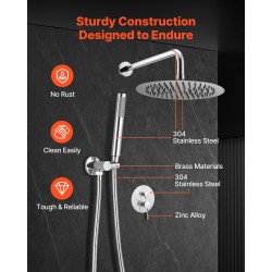 Seinäasennettava suihkujärjestelmä 10 tuuman pyöreällä yläsuihkulla ja käsisuihkulla messinkiventtiilillä kromipinnalla