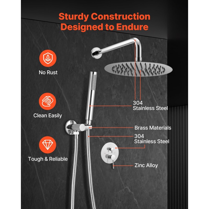 Seinäasennettava suihkujärjestelmä 10 tuuman pyöreällä yläsuihkulla ja käsisuihkulla messinkiventtiilillä kromipinnalla