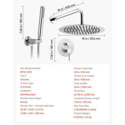 Seinäasennettava suihkujärjestelmä 10 tuuman pyöreällä yläsuihkulla ja käsisuihkulla messinkiventtiilillä kromipinnalla