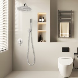 Seinäasennettava suihkujärjestelmä 10 tuuman pyöreällä yläsuihkulla ja käsisuihkulla messinkiventtiilillä kromipinnalla