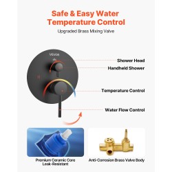 Seinään asennettava mattamusta sadevesisuihkusetti 8 tuuman pyöreä suihkupää käsisuihku ruostumaton teräsletku messinkiventtiili