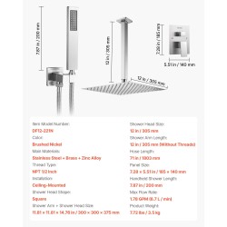 Kattoasennettava sadesuihkusetti 30,5 cm neliösuihkupäällä ja käsisuihkulla messinkiventtiilillä harjatulla nikkelipinnalla
