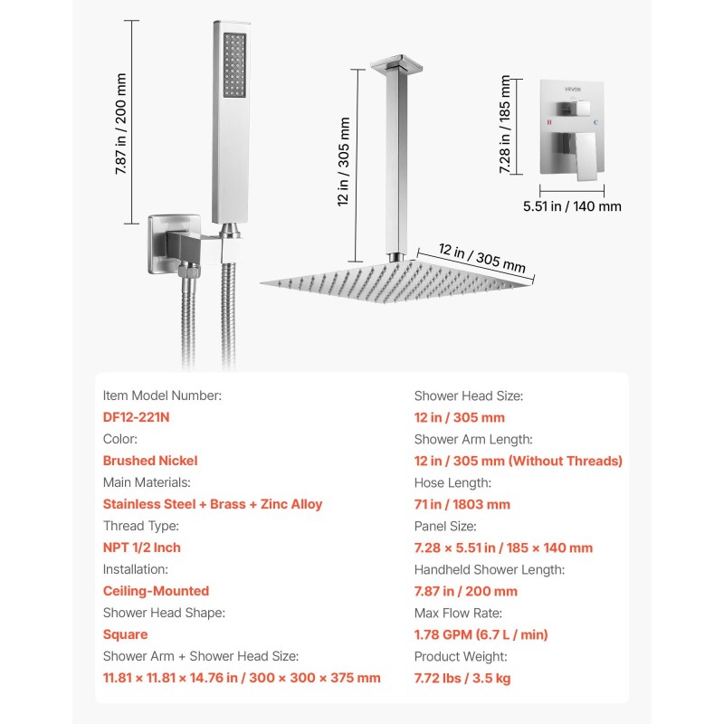 Kattoasennettava sadesuihkusetti 30,5 cm neliösuihkupäällä ja käsisuihkulla messinkiventtiilillä harjatulla nikkelipinnalla