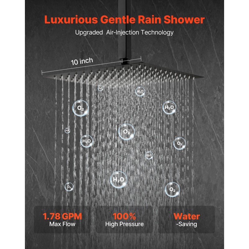 Kattoon asennettava mattamusta sadesuihkusetti 10 tuuman neliönmuotoisella suihkupäällä ja käsisuihkulla