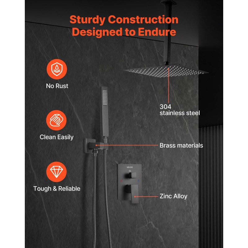Kattoon asennettava mattamusta sadesuihkusetti 10 tuuman neliönmuotoisella suihkupäällä ja käsisuihkulla