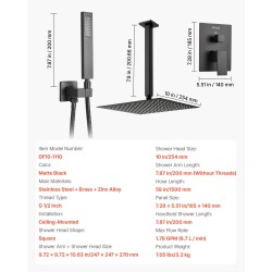 Kattoon asennettava mattamusta sadesuihkusetti 10 tuuman neliönmuotoisella suihkupäällä ja käsisuihkulla