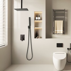 Kattoon asennettava mattamusta sadesuihkusetti 10 tuuman neliönmuotoisella suihkupäällä ja käsisuihkulla