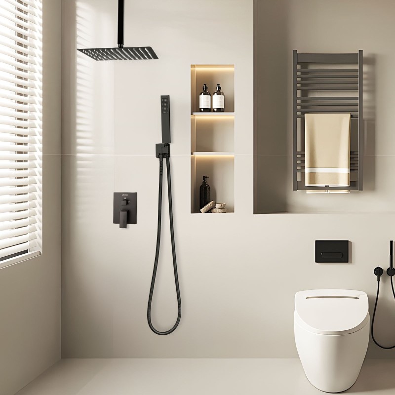 Kattoon asennettava mattamusta sadesuihkusetti 10 tuuman neliönmuotoisella suihkupäällä ja käsisuihkulla