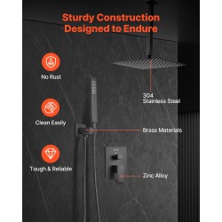 Kattokiinnitteinen sadesuihkusetti 30,5 cm neliönmuotoinen sadesuihkupää käsisuihku mattamusta messinkiventtiilillä