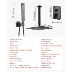 Kattokiinnitteinen sadesuihkusetti 30,5 cm neliönmuotoinen sadesuihkupää käsisuihku mattamusta messinkiventtiilillä