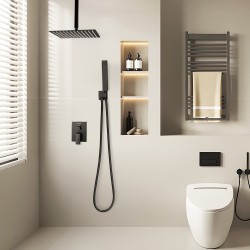 Kattokiinnitteinen sadesuihkusetti 30,5 cm neliönmuotoinen sadesuihkupää käsisuihku mattamusta messinkiventtiilillä