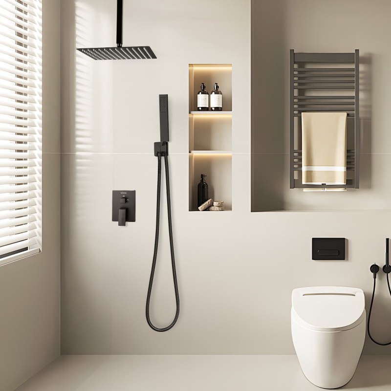 Kattokiinnitteinen sadesuihkusetti 30,5 cm neliönmuotoinen sadesuihkupää käsisuihku mattamusta messinkiventtiilillä