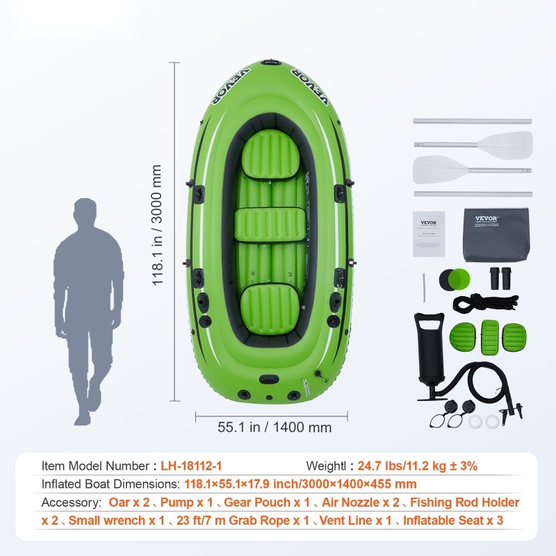 Ilmatäytteinen PVC-vene 3 henkilölle kantavuus 499 kg alumiinimelat