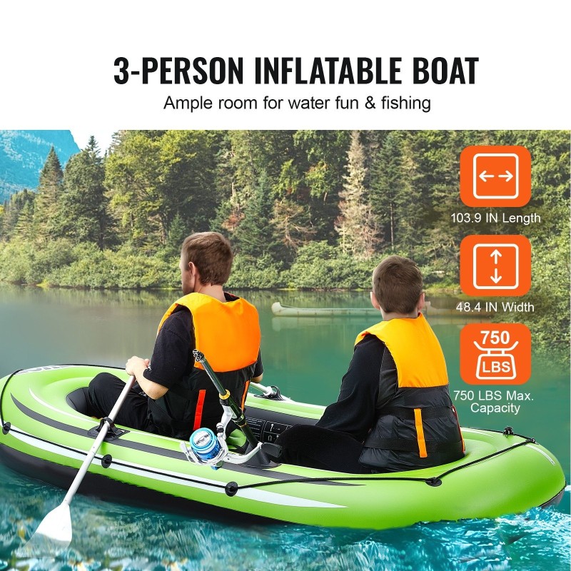 Puhallettava PVC-vene 3 hengelle 340 kg kantavuus 2 istuinta alumiinimelat ja pumppu