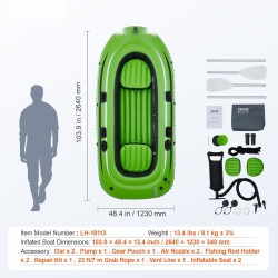 Puhallettava PVC-vene 3 hengelle 340 kg kantavuus 2 istuinta alumiinimelat ja pumppu