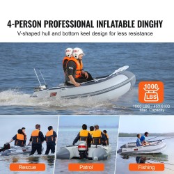 Ilmatäytettävä PVC-muovinen jollavene 4 hengelle meripuisella pohjalla säädettävällä alumiinipenkillä 453 kg kantavuus