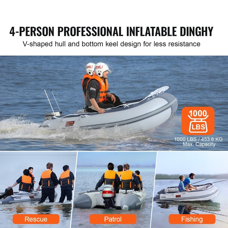 Ilmatäytettävä PVC-muovinen jollavene 4 hengelle meripuisella pohjalla säädettävällä alumiinipenkillä 453 kg kantavuus