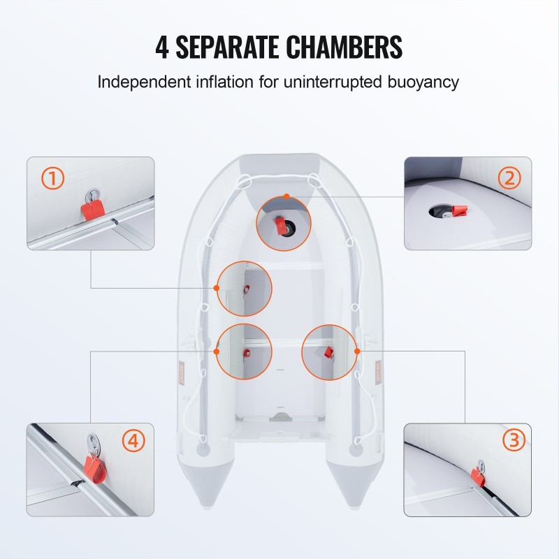 Ilmatäytettävä PVC-muovinen jollavene 4 hengelle meripuisella pohjalla säädettävällä alumiinipenkillä 453 kg kantavuus
