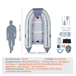 Ilmatäytettävä PVC-muovinen jollavene 4 hengelle meripuisella pohjalla säädettävällä alumiinipenkillä 453 kg kantavuus