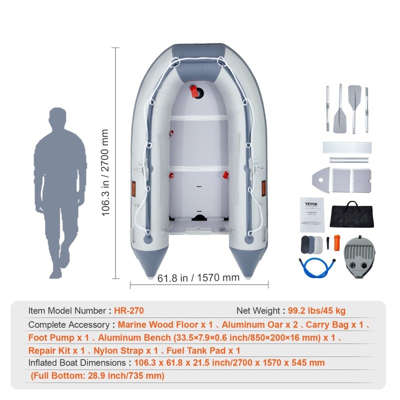 Ilmatäytettävä PVC-muovinen jollavene 4 hengelle meripuisella pohjalla säädettävällä alumiinipenkillä 453 kg kantavuus