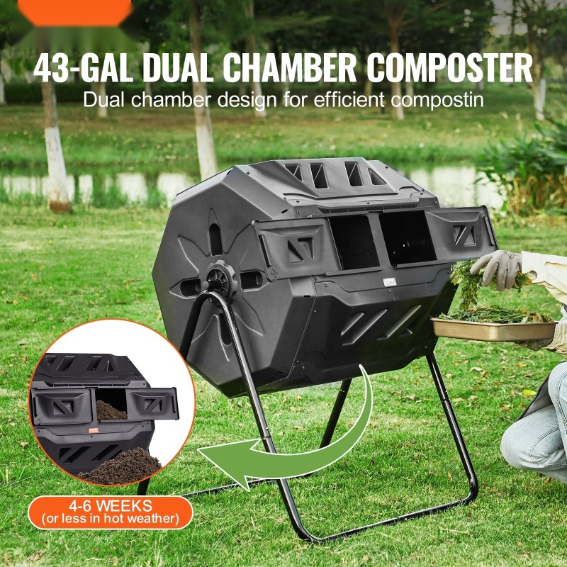 Kaksikammioinen pyörivä kompostori 162,7 litraa BPA-vapaa teräsrunko kaksi liukuovea