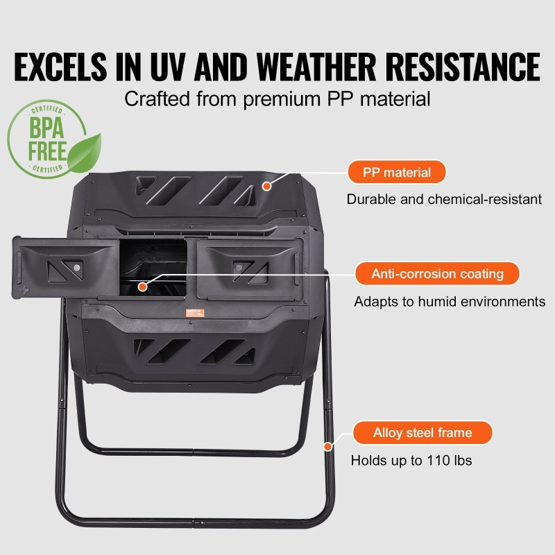 Kaksikammioinen pyörivä kompostori 162,7 litraa BPA-vapaa teräsrunko kaksi liukuovea